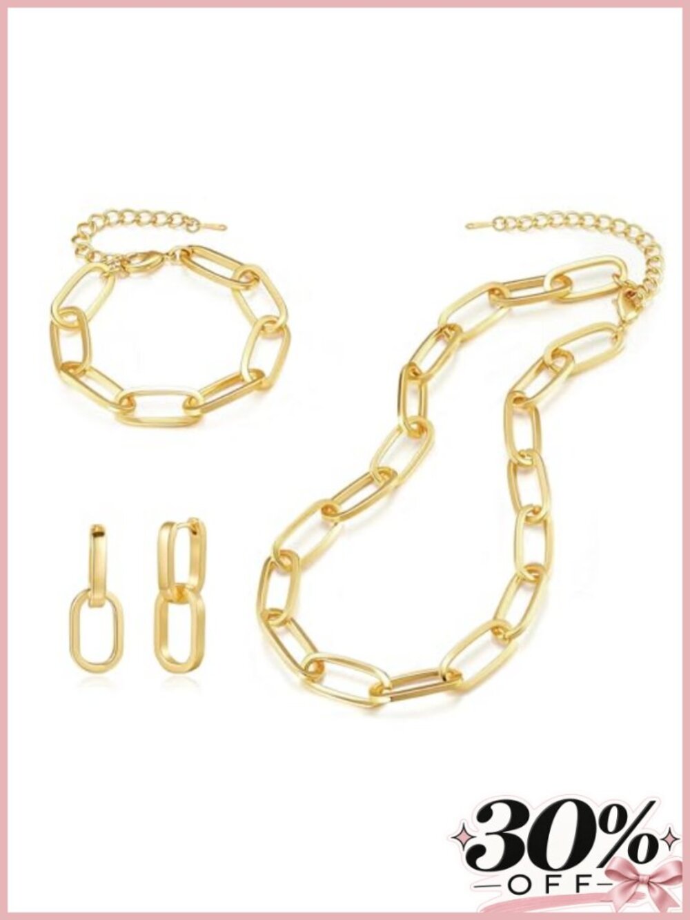 Chunky 14K Gold Plated Paperclip Jewelry Set Necklace Bracelet Earrings